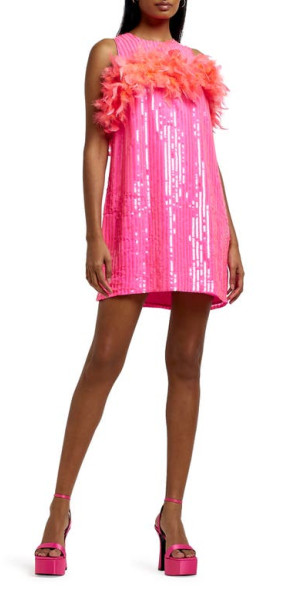 River Island Feather Detail Sequin Shift Dress in Pink at Nordstrom