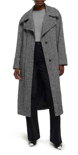 River Island Oversize Belted Herringbone Trench Coat in Black at