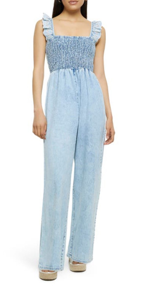 River Island Smocked Bodice Denim Jumpsuit at Nordstrom