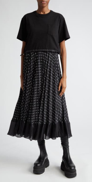 sacai pleated dress Sacai Ruffled Asymmetric Crewneck Dress-Women-Cotton