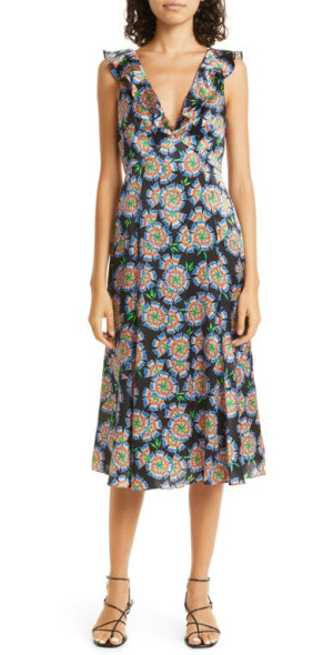 SALONI Holly Floral Print Silk A-Line Dress in 1676-Ebony