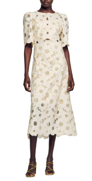sandro Daniela Floral Lace Midi Dress in Ecru /Gold