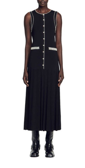 sandro - Naima Imitation Pearl Button Front Sleeveless Midi Dress in Black sandro - Naima Imitation Pearl Button Front Sleeveless Midi Dress in Black