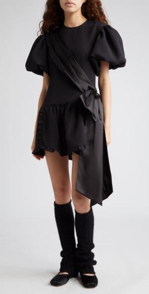 Sandy Liang - Filenes Satin Sash Puff Sleeve Minidress in Black at Nordstrom