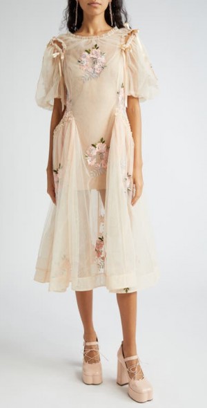 Simone Rocha - Puff Sleeve Ruched Bite Embroidered Tulle Midi