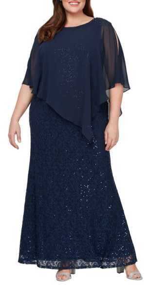 SL FASHIONS Chiffon Sequin Lace Dress in New Navy at Nordstrom