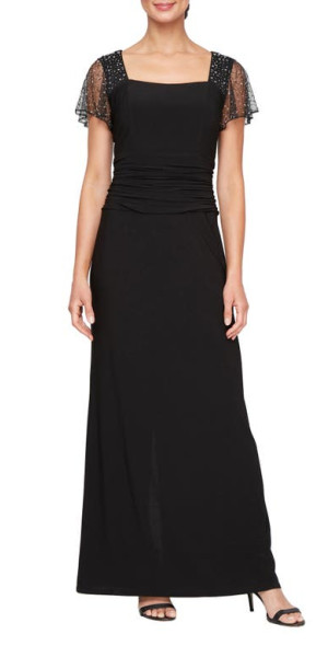 SL FASHIONS Ruched Beaded Flutter Sleeve Column Gown in Black at