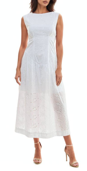 Socialite Back Cutout Sleeveless Cotton Eyelet Midi Dress in