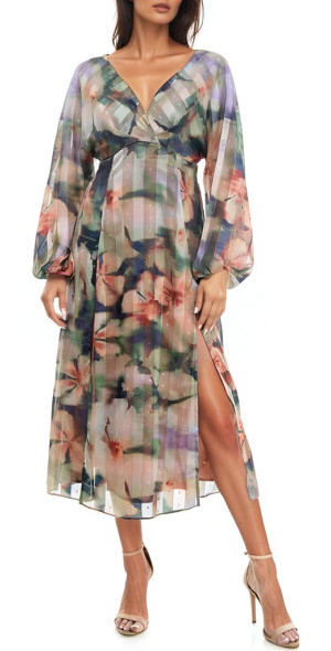 Socialite - Metallic Mixed Print Long Sleeve Midi Dress in Olive/Lavender  at Nordstrom, Size X-Small