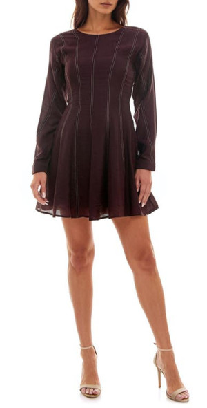 Socialite Stripe Long Sleeve Fit Flare Minidress in Chocolate