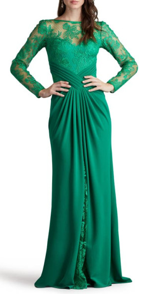Tadashi Shoji Floral Embroidery Long Sleeve Mixed Media Gown in