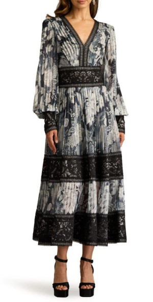 Tadashi Shoji - Floral Lace Detail Metallic Thread Long Sleeve Cocktail Midi  Dress in Ivory/Black at Nordstrom, Size 2