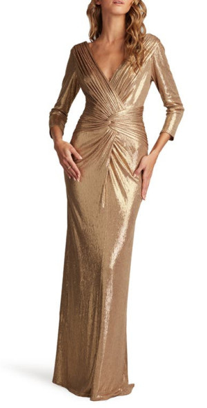 Tadashi Shoji - Twist Front Metallic Long Sleeve Gown in Gold Dust Tadashi Shoji - Twist Front Metallic Long Sleeve Gown in Gold Dust
