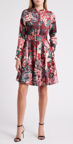 Tahari ASL - Print Belted Long Sleeve Dress in Mulberry Multi at Nordstrom,  Size 6