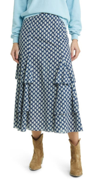 THE The Curtsy Floral Ruffle Cotton Midi Skirt in Mini