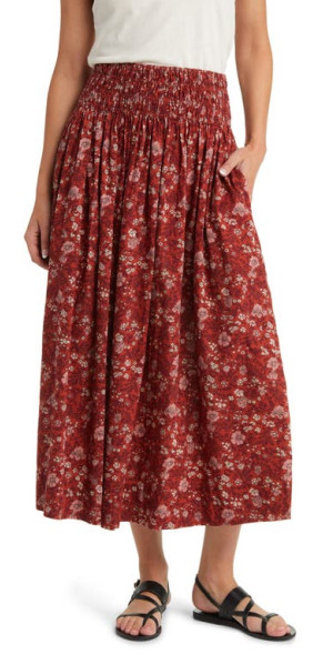 THE The Viola Floral Smocked Waist Cotton Midi Skirt in