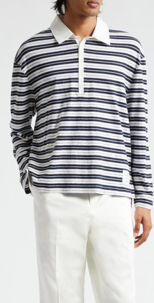 Thom Browne - Stripe Rugby Fit Long Sleeve Polo in Navy at Nordstrom