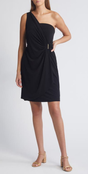open lace back dress Naadam Signature Cashmere One Shoulder Dress in Black