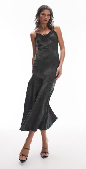 Topshop - Floral Lace Trim Satin Slipdress in Mid Green at Nordstrom