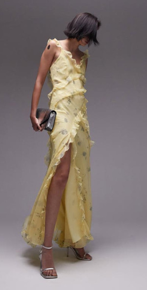 Topshop Floral Ruffle Detail Slipdress in Yellow