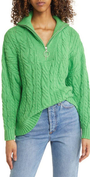 Topshop - Oversize Cable Knit Half Zip Sweater in Green at Nordstrom
