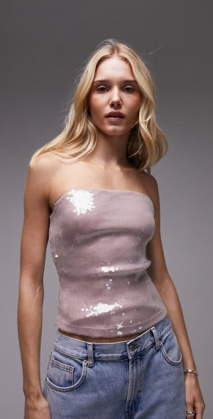 topshop sequin bandeau dress KATE MOSS TOPSHOP Silver Gun Metal Sequin Bandeau Strapless Dress 6 Runs  Small