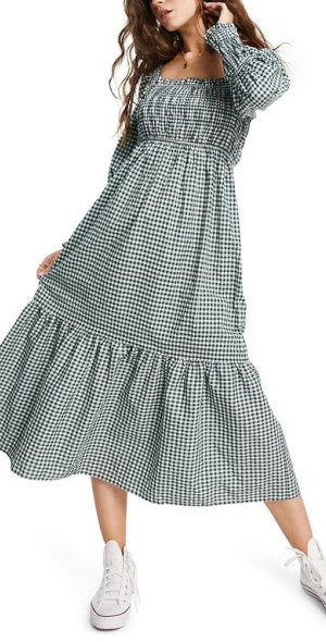 topshop shirred midi dress Topshop Shirred Midi Dress LILAC Gingham Check 12 US