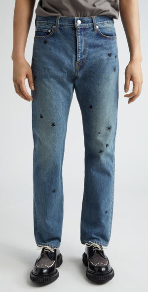 Undercover - Bug Embroidered Straight Leg Jeans in Light Blue Indigo
