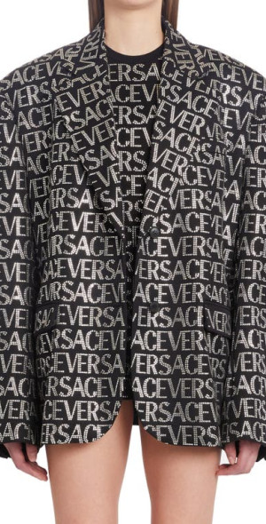 Versace Crystal Embellished Logo Virgin Wool Blazer in Nero