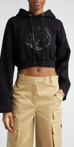 Versace Medusa Sequin Embellished Crop Cotton Hoodie in Black