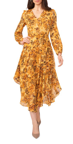 Vince Camuto Floral Metallic Stripe Long Sleeve Handkerchief Hem