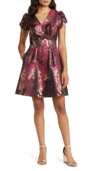 Vince Camuto Metallic Jacquard Fit Flare Dress in Magenta