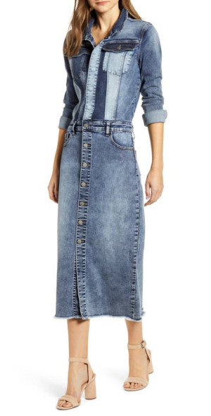 Wash Lab Denim - Long Sleeve Denim Midi Dress in Blue at Nordstrom