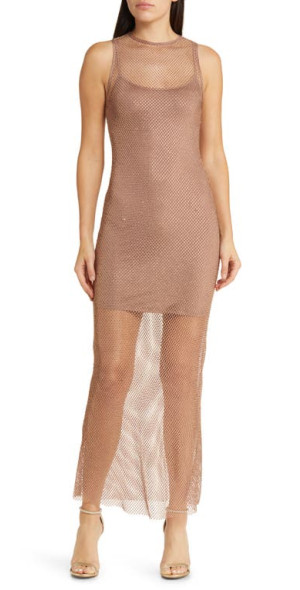 WAYF Mika Metallic Mesh Midi Dress in Bronze Mesh