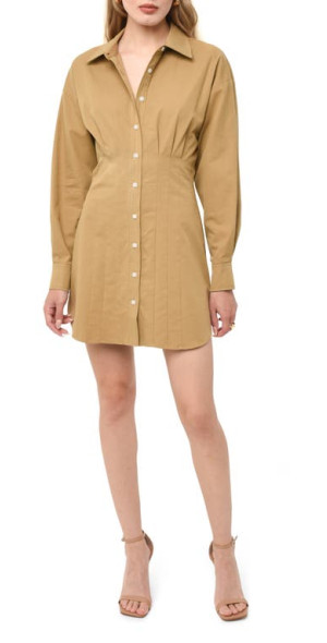 WAYF - Pleated Long Sleeve Shirtdress in Khaki at Nordstrom