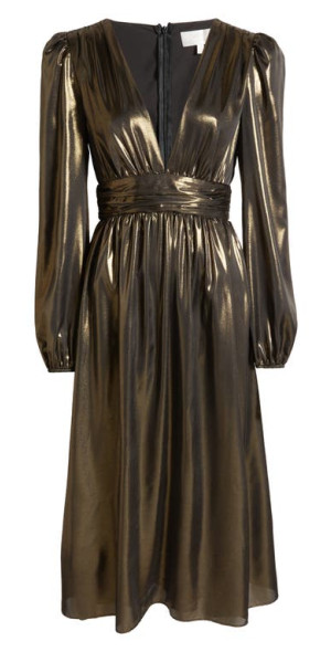 WAYF - Plunge Neck Long Sleeve Metallic Lam Dress in Antique Brass