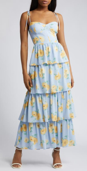 wayf floral maxi dress Wayf Peach Floral Maxi Dress with Ruffle Hem and Flutter Sleeves