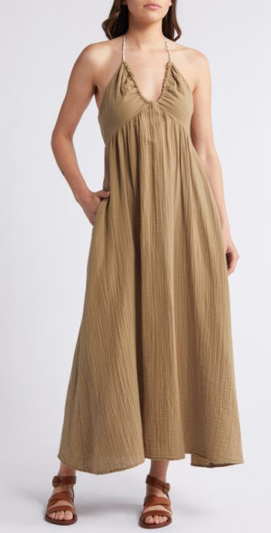 champagne halter neck dress Fine Knit Gathered Halter Neck Maxi Dress