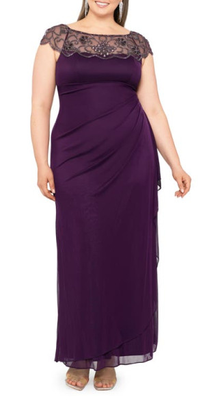 Xscape - Beaded Neck Ruched Cap Sleeve Gown in Plum at Nordstrom Xscape - Beaded Neck Ruched Cap Sleeve Gown in Plum at Nordstrom