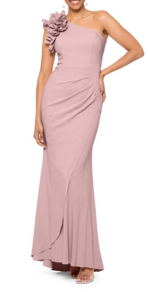 Xscape Ruffle One-Shoulder Scuba Crepe Gown in Rose at Nordstrom