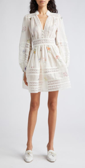 Zimmermann - Natura Floral & Lace Long Sleeve Minidress in Multi Botanical  Ivory