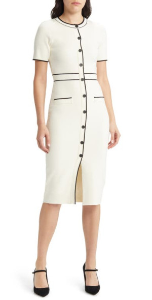 ZOE AND CLAIRE Button Front Midi Sweater Dress in Ivory/Black at Nordstrom