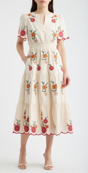 ZOE AND CLAIRE - Embroidered Puff Sleeve Midi Dress