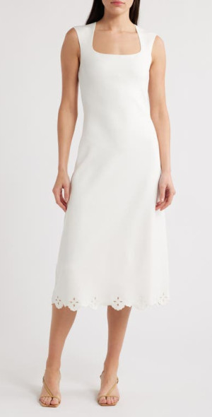 ZOE AND CLAIRE Eyelet Trim Sleeveless Knit Midi Dress in White