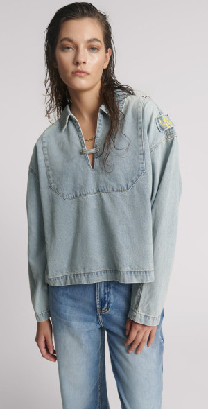 One Teaspoon Retro Pullover Denim Shirt Soft Blue