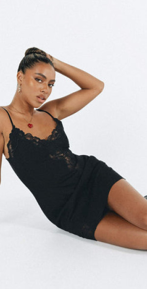 lace-trim mini dress in black reviews Velvet Lace Trim Sleeveless it pairs perfectly with kitten heels for an effortlessly sophisticated look at every occasion this season Strappy Asymmetric Lace Trim Mini