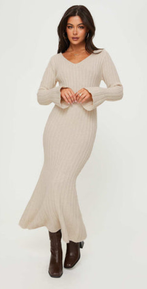 knee length dresses for ladies Daphne Long Sleeve Maxi Dress in Light Beige/White Floral main image 1