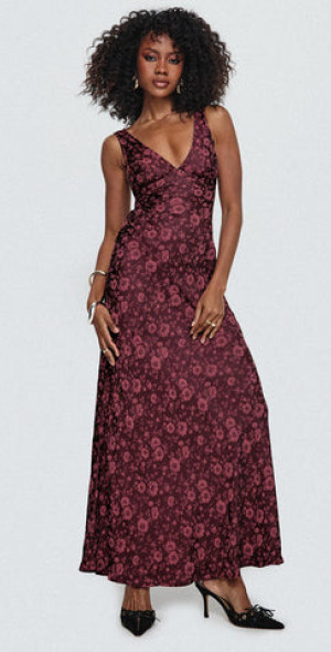 Princess Polly Lower Impact - Nell Jacquard Maxi Dress Burgundy