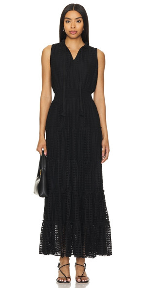 1 state tie neck long sleeve tiered maxi dress