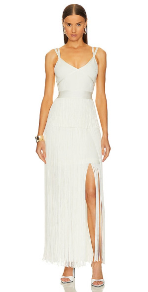 Herve Leger Icon Strappy Ottoman Fringe Gown